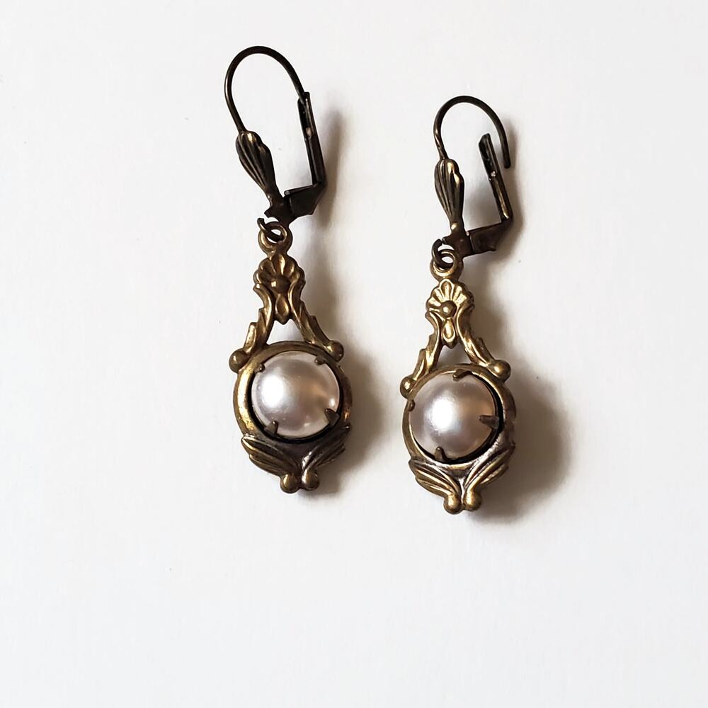 Vintage Sadie Green Faux Pearl Antiqued Gold Tone Lever Back Earrings